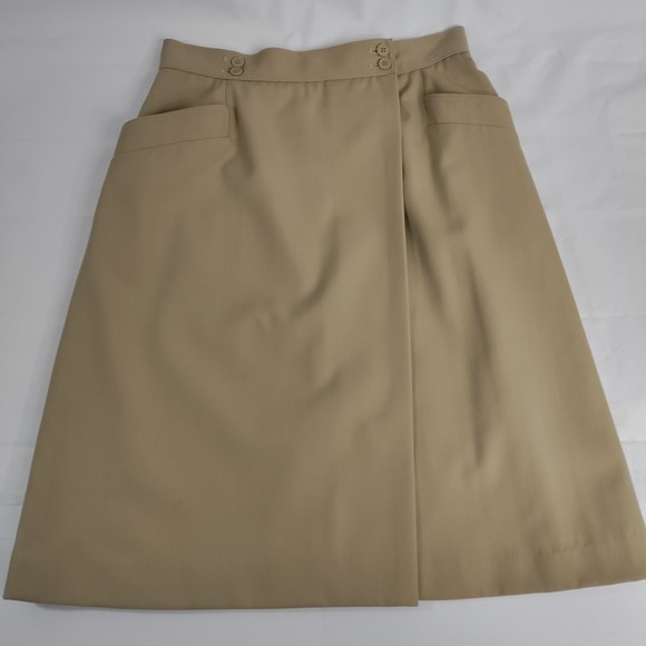 Liz Claiborne Vintage Wool Twill Khaki Button Wrap Skirt EUC Women's Size 12 - Picture 1 of 9